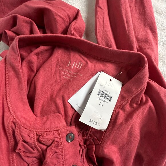 J. Jill Womens Ruffle Front Henley Tee Long Sleeve Shirt Top Currant Medium New - Picture 3 of 8
